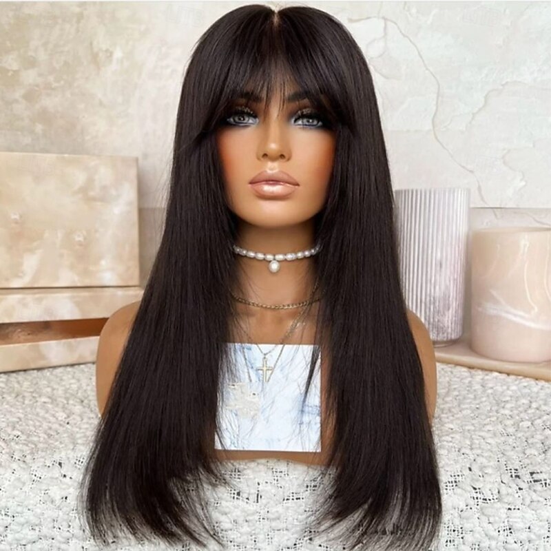 Human Hair 13x4 Lace Front Wig With Bangs Brazilian Hair Silky Straight Black Wig 130% 150% Density with Baby Hair 100% Virgin With Bleached Knots Pre-Plucked For Women Long Human Hair Lace Wig2