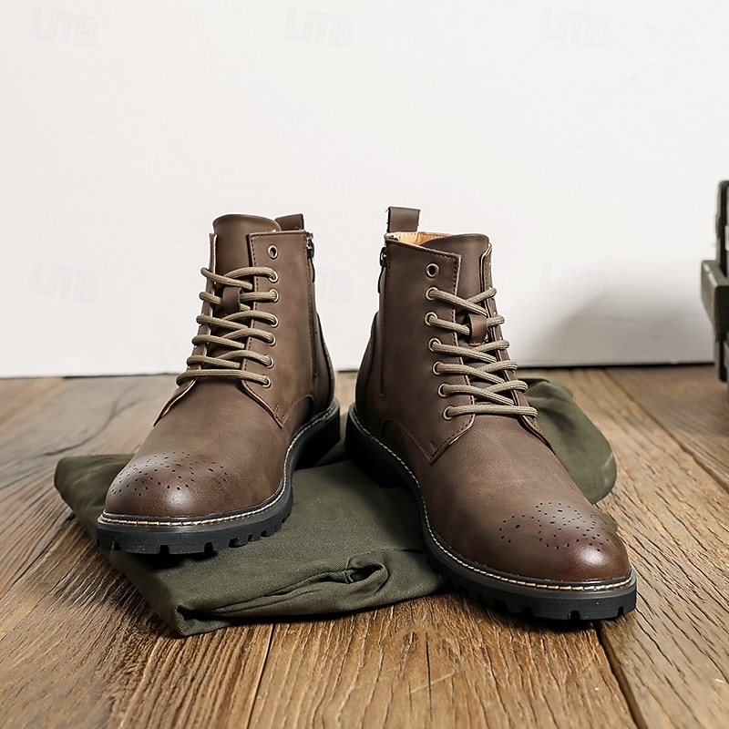 Men's Brown Faux Leather Lace-Up Ankle Boots with Brogue Detail and Rugged Sole – Classic and Durable Outdoor Style4