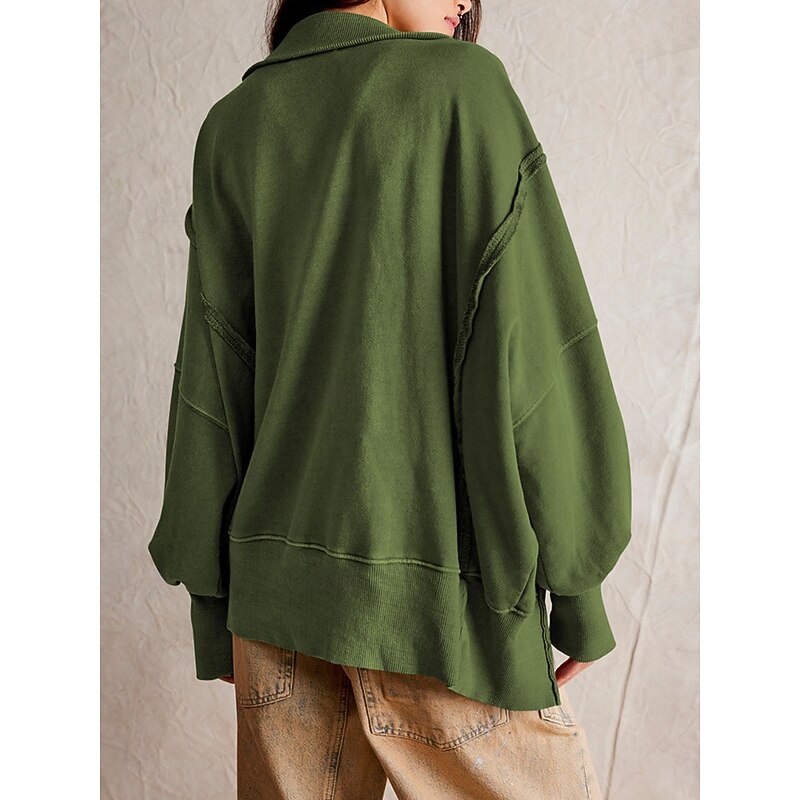 Women's Sweatshirt Casual Plain Street Dailywear V Neck Buttons Long Sleeve White Fuchsia Green Fall Winter2