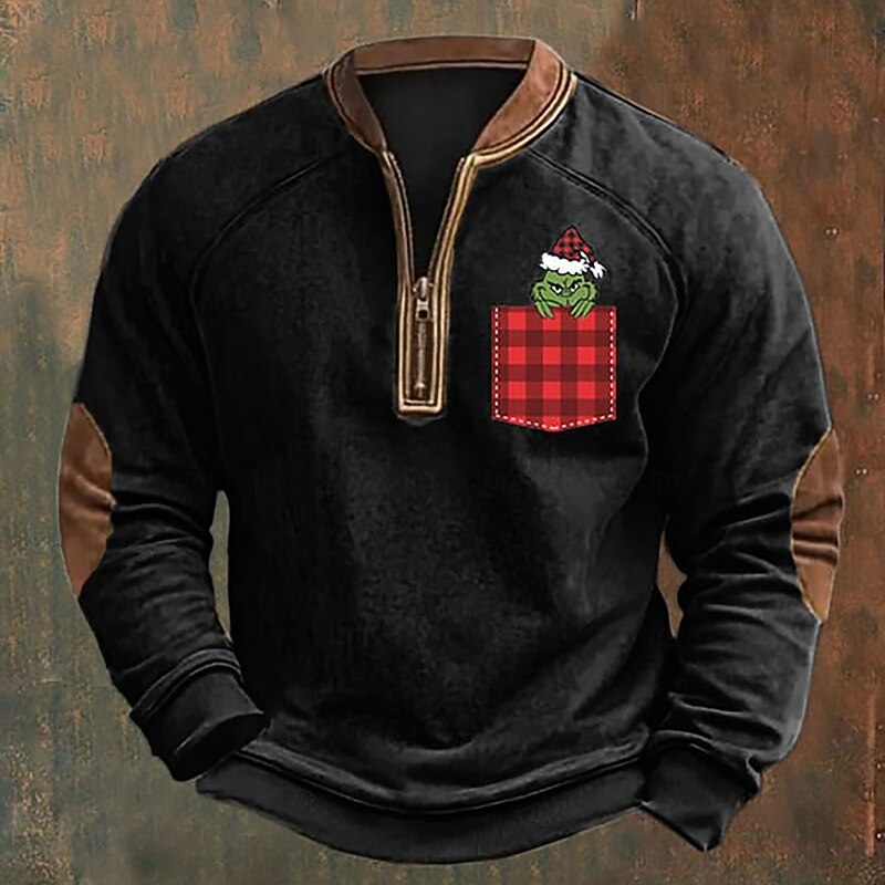 Men's Sweatshirt Black White Red Green Gray Half Zip Graphic Print Patchwork Daily Holiday Going out Polyester Streetwear Casual Fall Winter Clothing Apparel Hoodies Sweatshirts  Long Sleeve