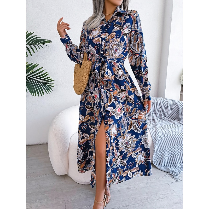 Women's Maxi Dress Casual Dress Swing Dress A Line Dress Boho Dress Casual Daily Regular Fit Floral Long Sleeve Shirt Collar Royal Blue Summer Spring Fall4