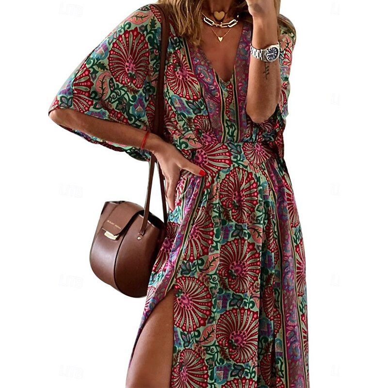 Women's Maxi Dress Casual Dress Swing Dress A Line Dress Boho Dress Casual Daily Regular Fit Floral Half Sleeve V Neck Fuchsia Summer Spring Fall3