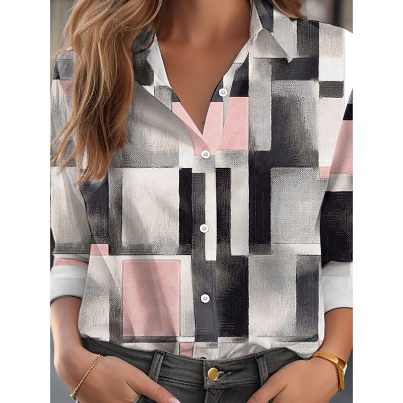 Women's Shirt Button Down Tunic Shirt Collar Long Sleeve Plaid Casual Regular Tops Work Daily s Print Gray Spring Fall Winter2