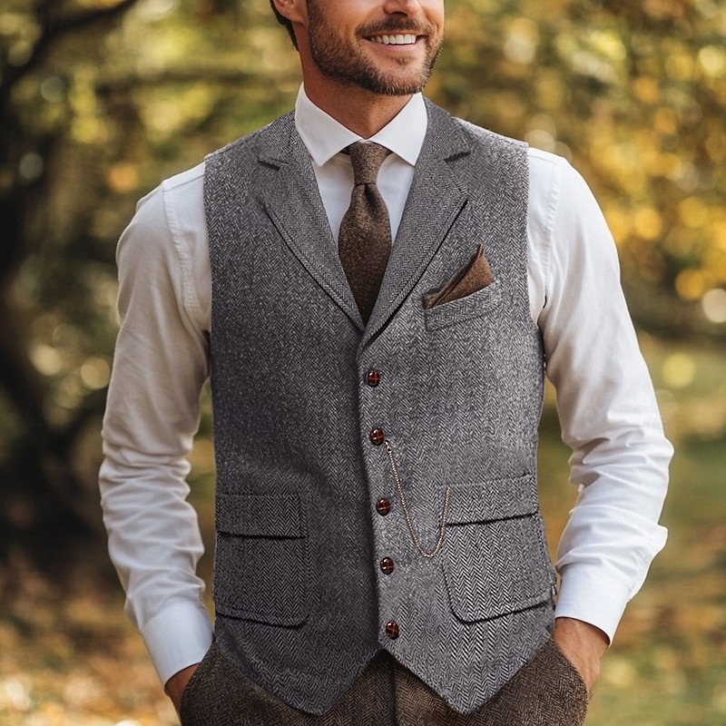 Brown Grey Men's Herringbone Tweed Vest Standard Fit Notch Single Breasted Five-buttons4