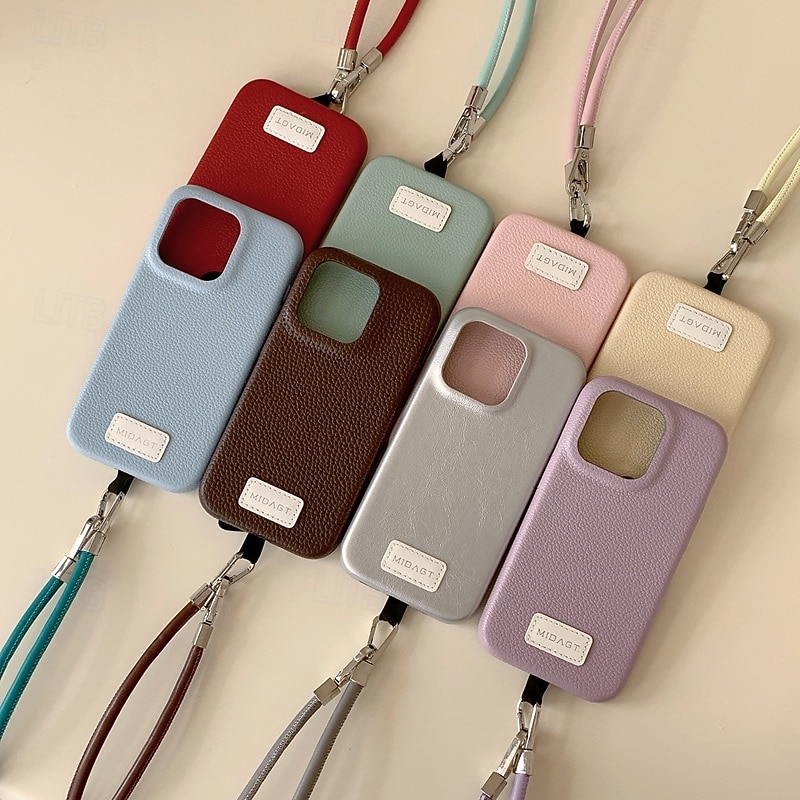 Phone Case For iPhone 17 Pro Max 17 Air 16 15 14 Pro Max 13 Back Cover with Lanyard Shockproof Retro TPU PU Leather