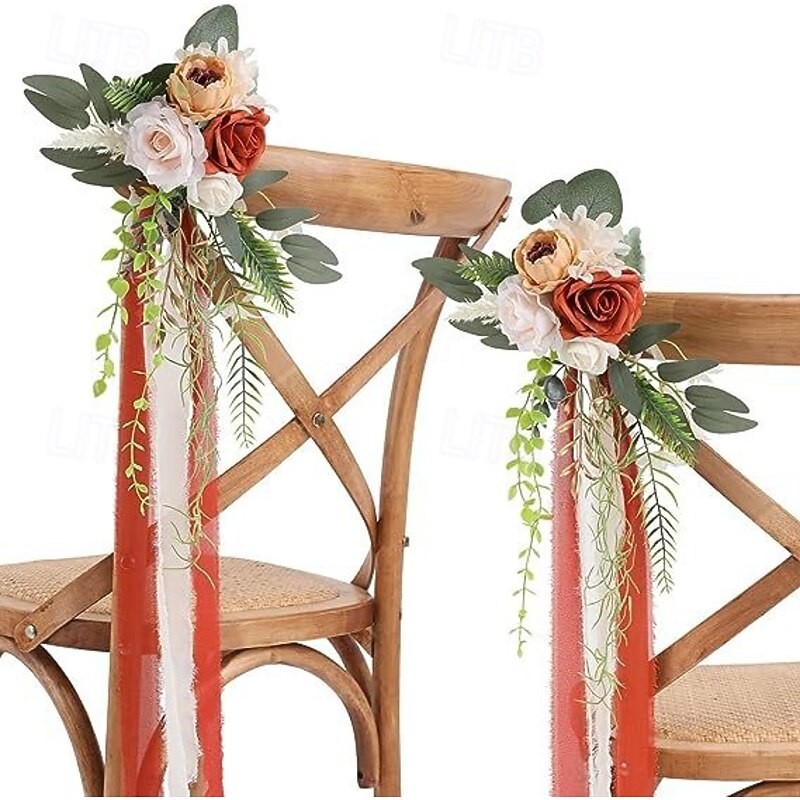 Wedding Aisle Decorations White Pew Flowers for Wedding Ceremony Party Chair Decor with Artificial Flowers Eucalyptus and Ribbons2