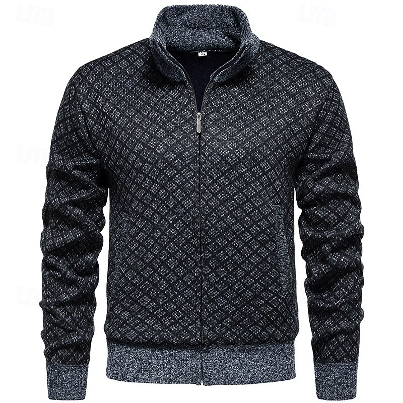 Men's Cardigan Sweater Cardigan Cropped  Sweater Zip Sweater Knit Sweater Ribbed Knit Regular Pocket Plaid Stand Collar Fashion Classic Daily Wear Date Clothing Apparel Fall & Winter Wine Red Black S2