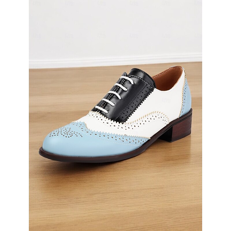 Women's Tri-Color Brogue Oxford Shoes with Wingtip Design and Low Heel - Vintage Formal Footwear for Office and Special Occasions 17