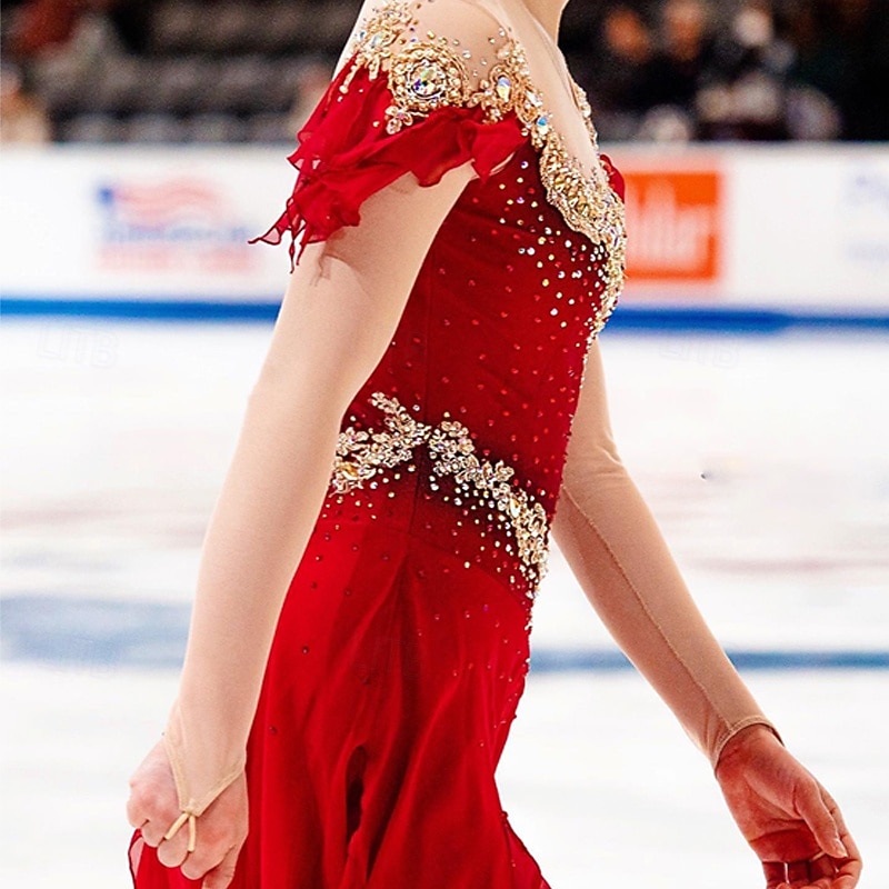Figure skating costume for adults and children solid color gradient color diamond customized spandex mesh grading performance costume competition training red rhinestone women's skirt performance3
