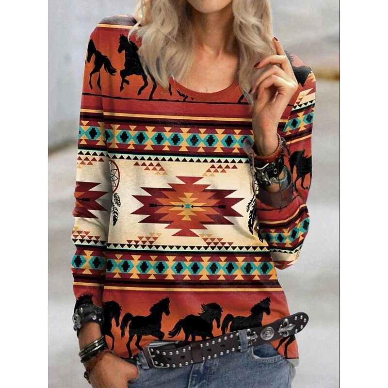 Women's T shirt Crew Neck Long Sleeve Tunic Vintage Modern Casual Regular Tops Daily Weekend Print Black Blue Brown Green Fall Winter3
