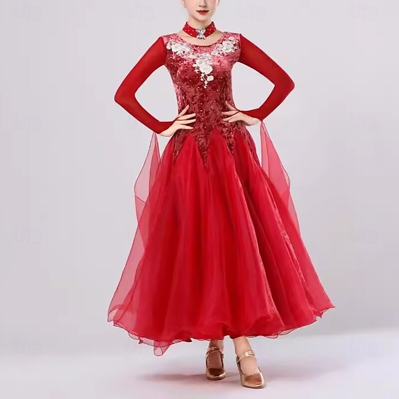 Ballroom Dance Dress Splicing Crystals / Rhinestones Women's Performance Party Long Sleeve Organza Velvet