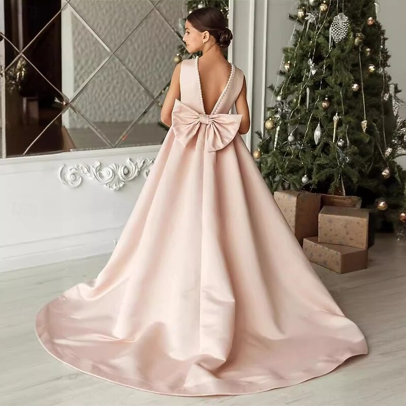 Flower Girl Dress Girls' First Communion Dress Party Dress Performance Wedding Party Princess Sweet Mesh Solid Color Sleeveless Crew Neck White Ivory kids2