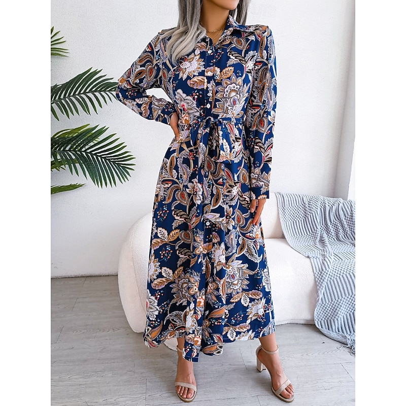 Women's Maxi Dress Casual Dress Swing Dress A Line Dress Boho Dress Casual Daily Regular Fit Floral Long Sleeve Shirt Collar Royal Blue Summer Spring Fall3