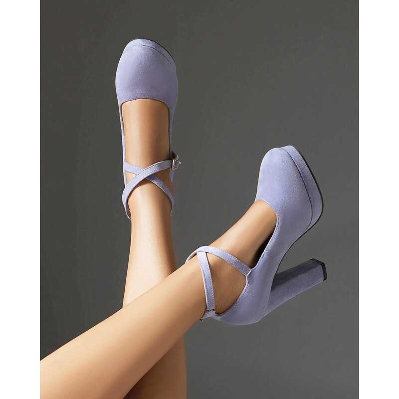 Women's Platform Faux Suede Mary Jane Pumps - Chunky High Heel Shoes with Rhinestone Buckle for Formal Events 5