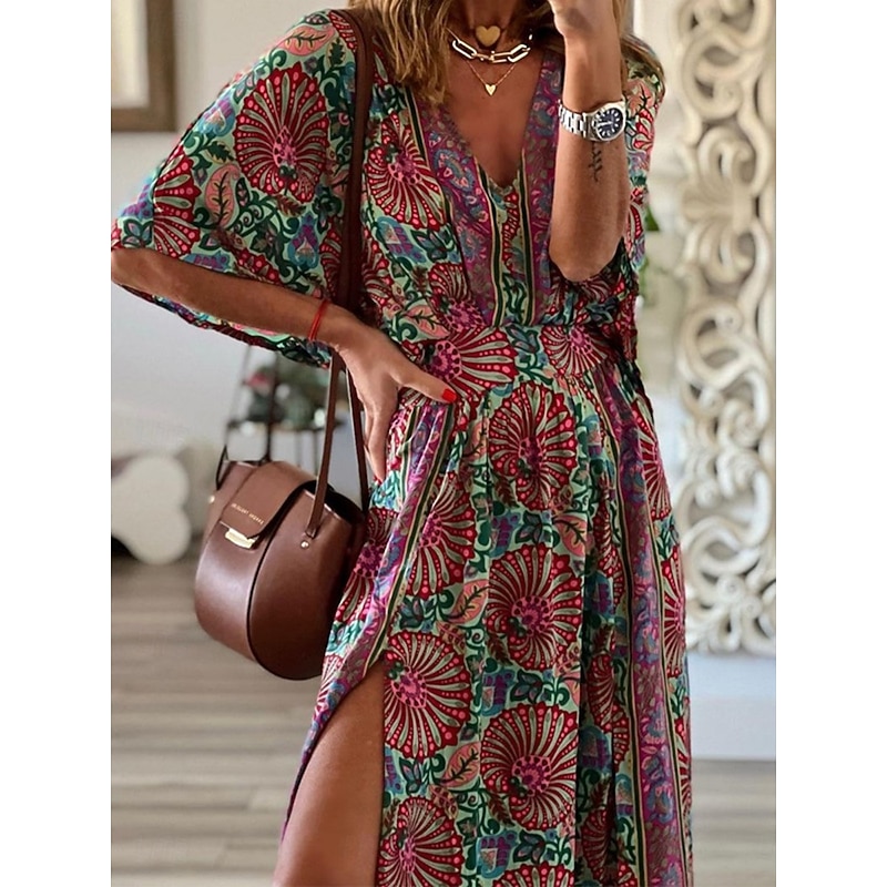 Women's Maxi Dress Casual Dress Swing Dress A Line Dress Boho Dress Casual Daily Regular Fit Floral Half Sleeve V Neck Fuchsia Summer Spring Fall2