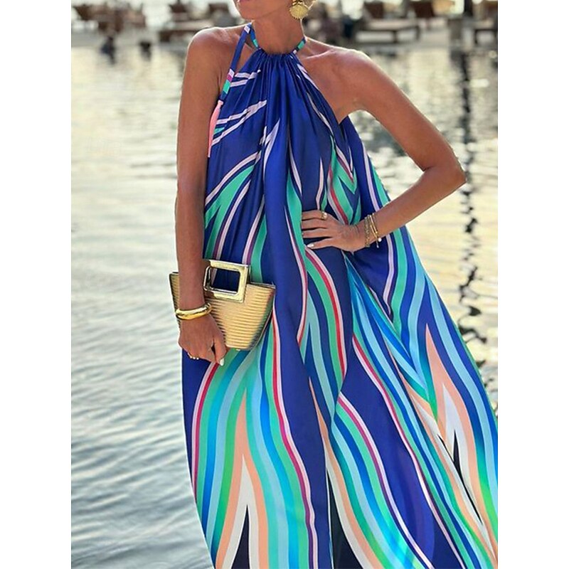 Women's Stripe Halter Neck Maxi Dress Sleeveless Summer Spring4