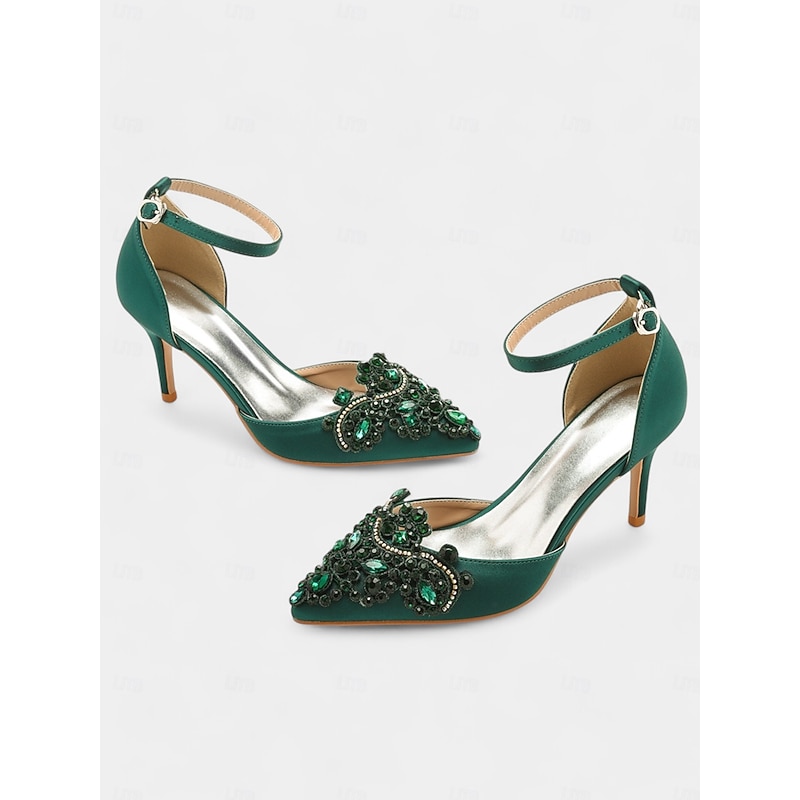 Women's Emerald Green Satin Ankle Strap Heels – Pointed Toe Cocktail Shoes with Crystal Embellishments for Parties and Weddings4