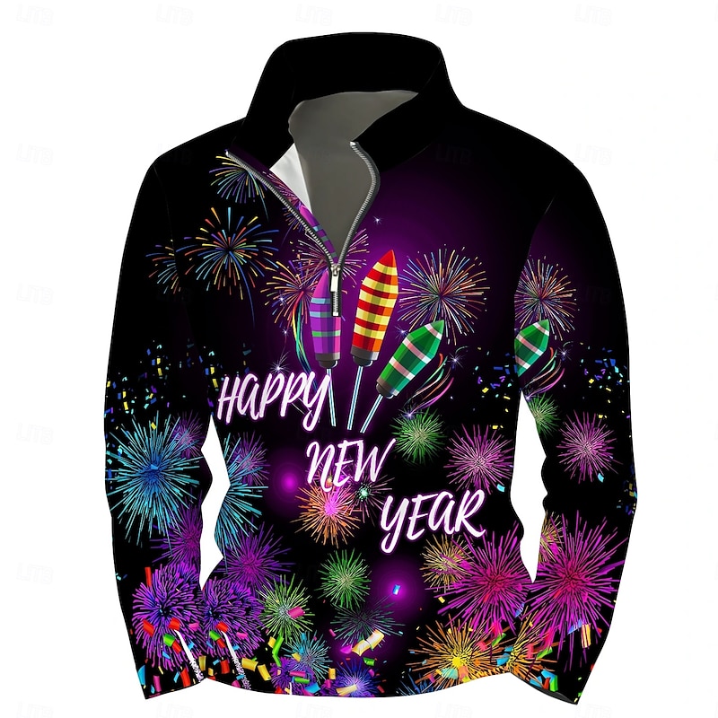New Year Men's Graphic Happy New Year Hoodies Daily Casual Long Sleeve Stand Collar Vacation Going out Streetwear Black Print Spring &  Fall Designer2