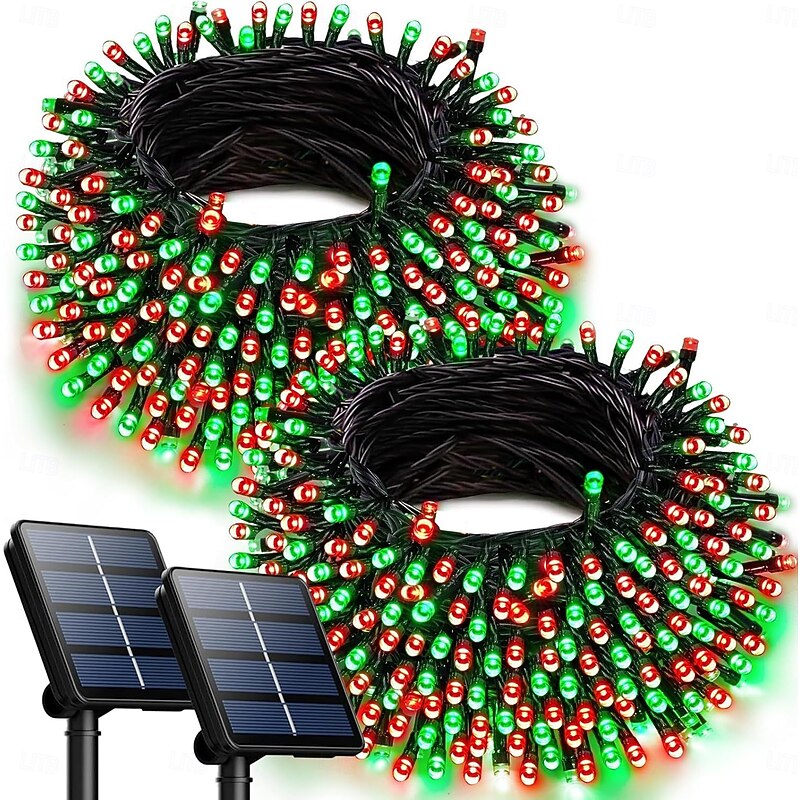 2pcs 10M 100LED Solar String Lights – Red & Green Waterproof Outdoor String Lights for Christmas Courtyard Garden Balcony Fence Christmas Tree Festive Atmosphere Decorative Light String2