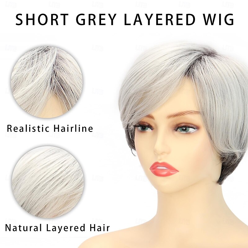 Short Wigs for Women Mixed Pixie Cut Wig Straight Synthetic Hair Cuts Side Part Inverted Side Part Pixie Cut Hair Wig With Layered Swoop Bang Glueless Blunt4
