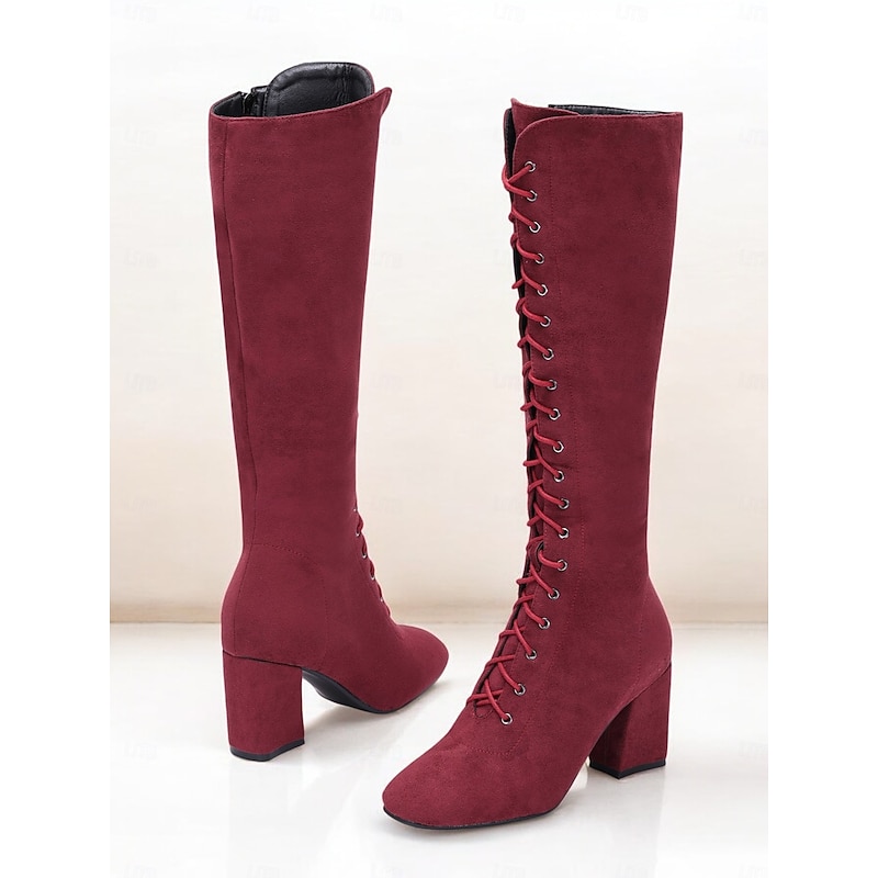 Women's Red Knee-High Lace-Up Boots with Block Heels & Plush Lining – Warm Winter Fashion Boots for Casual and Dressy Outfits2