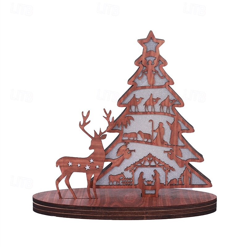 Wooden Light-Up Nativity Scene Decor, Jesus Birth Display with Christmas Tree and Reindeer, Easter Nativity Ornament for Home Decoration4