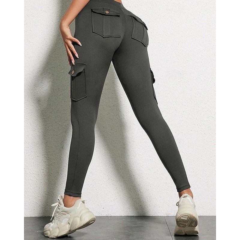 Women's Yoga Pants Yoga Leggings Multiple Pockets High Waist Pilates Gym Workout Workout Tights Solid Color Black Dark Gray Green Fall Sports Activewear Stretchy Slim4