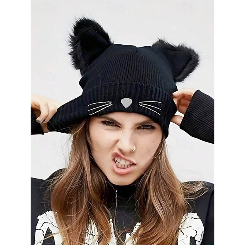 Women's Cute Cat Ear Beanie – Burgundy Knit Hat with Faux Fur Ears and Whisker Embroidery, Cozy and Stylish Winter Accessory3