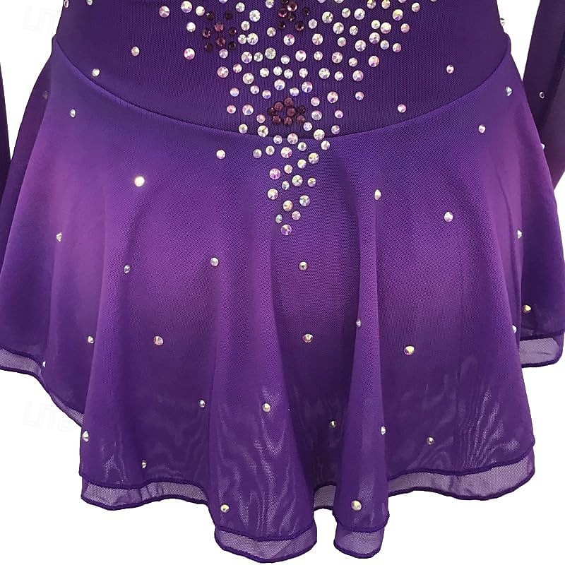 Girls' Purple Long Sleeved Figure Skating Dress with Rhinestone Decoration Competition Costumes4