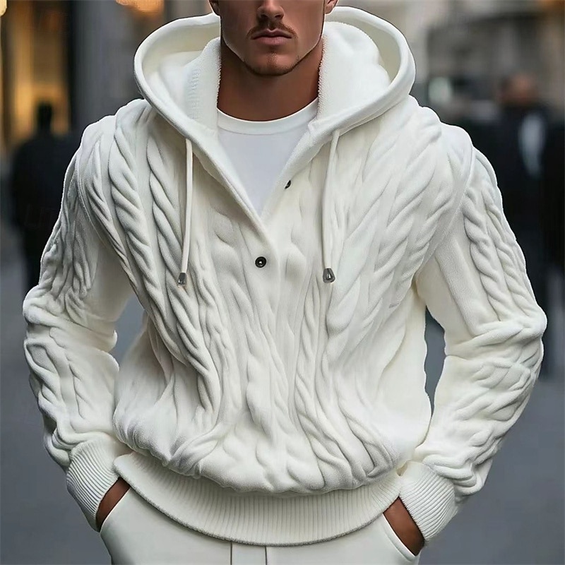 Men's Pullover Sweater Jumper Knit Sweater Ribbed Cable Knit Regular Buttons Drawstring Plain Hooded Fashion Basic Daily Wear Date Clothing Apparel Fall & Winter White M L XL