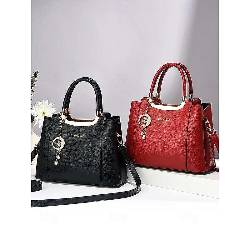Women's Red Faux Leather Handbag - Elegant Top-Handle Design with Pearl Charm and Detachable Strap for Work, Parties, and Daily Use2