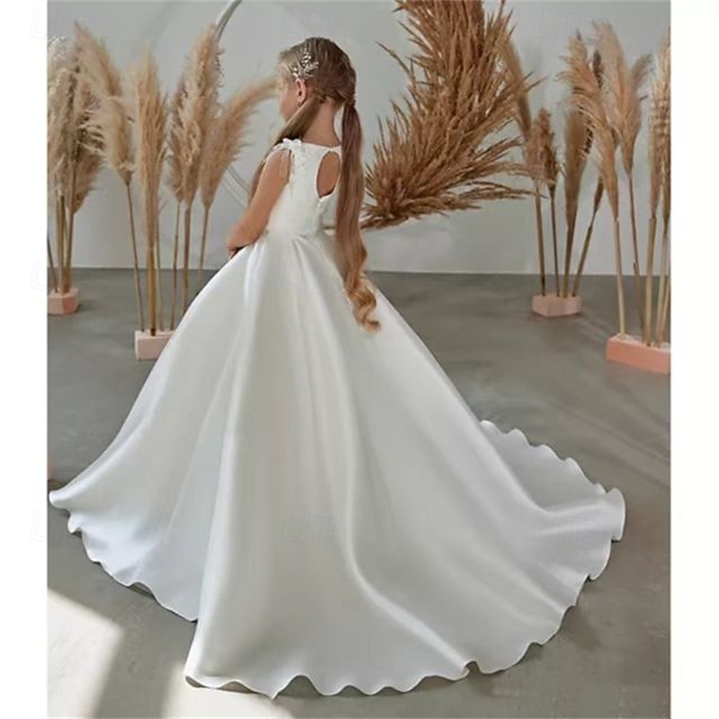 Flower Girl Dress Girls' First Communion Dress Party Dress Performance Wedding Party Princess Sweet Mesh Solid Color Sleeveless Crew Neck White 2-12 Years