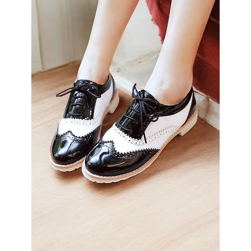 Women's Beige and White Oxford Brogue Shoes - Vintage Lace-Up Low Heel Casual Shoes for Everyday Wear4