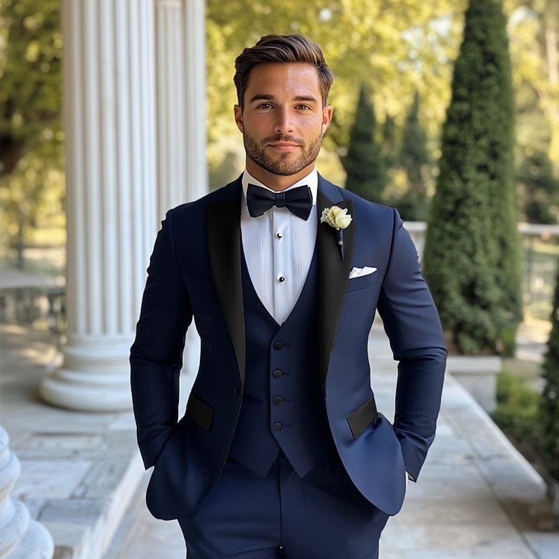 Men's Wedding Party Suits Navy Blue Royal Blue Dress Solid Colored Standard Fit 3 Piece Single Breasted Two-buttons