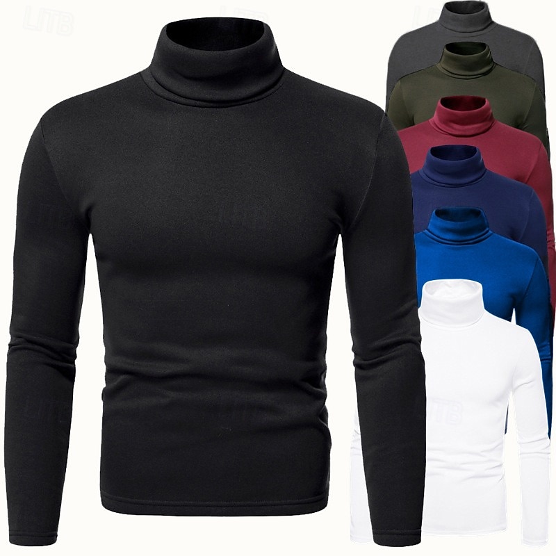 Men's T Shirt Turtleneck shirt Long Sleeve Shirt Long Sleeve Rolled collar Autumn / Fall Distressed Essential Casual Black White Navy Blue Top Tee for Men