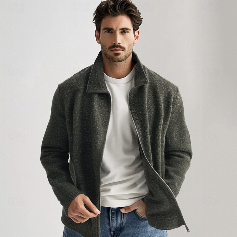 Men's 100% Merino Wool Zip Sweater Knit Zipper Solid Color Peter Pan Collar Knitwear Elegant Training Christmas Clothing Apparel Fall Winter Army Green Black S M L