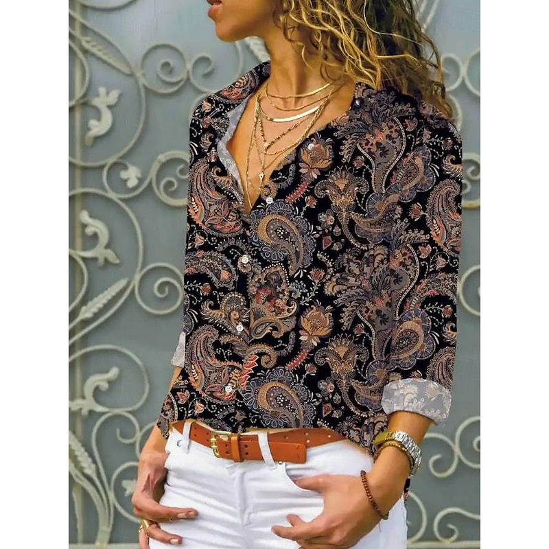 Women's Shirt Button Down Tunic Shirt Collar Long Sleeve Floral Graphic Casual Regular Tops Work Daily s Print Brown Spring Fall Winter3