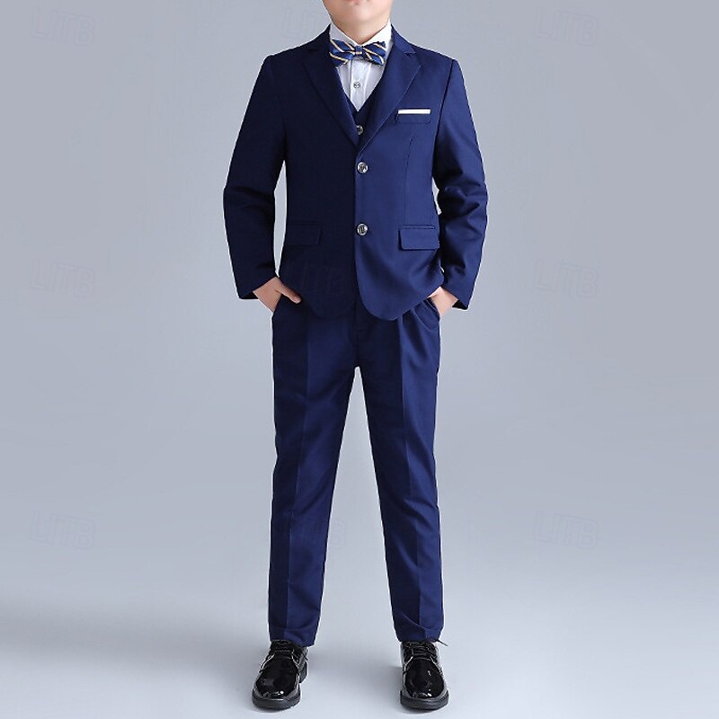 4 Pieces Ring Bearer Suit Boys Kids Suit Formal Suit Shirt & Pants Formal Party Valentines Fashion Cool Solid Color Pocket Black Navy Blue Polyester2