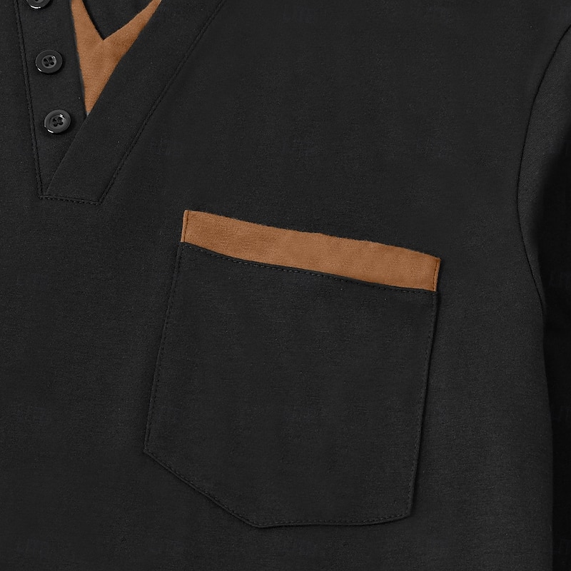 Men's V Neck Tee Tee Top Long Sleeve Shirt Long Sleeve Patchwork Daily Casual Street Style Fashion Fake two piece V Neck Outdoor Street Causal Summer Black White Navy Blue Henley T-Shirt4