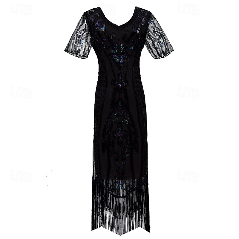 1920s Vintage Inspired The Great Gatsby Short Length Masquerade Illusion Sleeve The Great Gatsby Wedding Guest Sequins Sequin V Neck Fancy Dress Women's Carnival Masquerade Casual Daily Party2