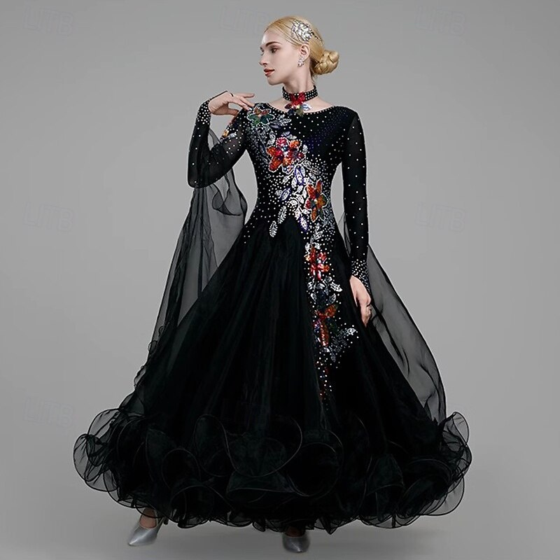 Ballroom Dance Dress Embroidery Splicing Crystals / Rhinestones Women's Performance Party Long Sleeve Spandex Tulle3