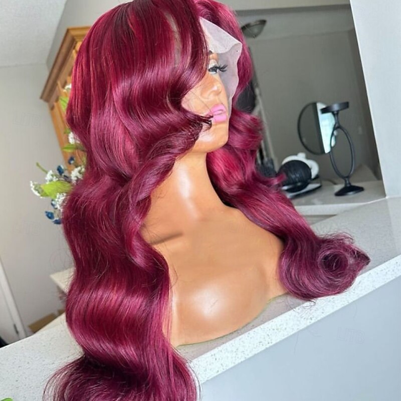 Remy Human Hair 13x4 Lace Front Wig Free Part Brazilian Hair Body Wave Burgundy Bug Wig 130% 150% Density with Baby Hair Glueless Pre-Plucked For Women Long Human Hair Lace Wig2