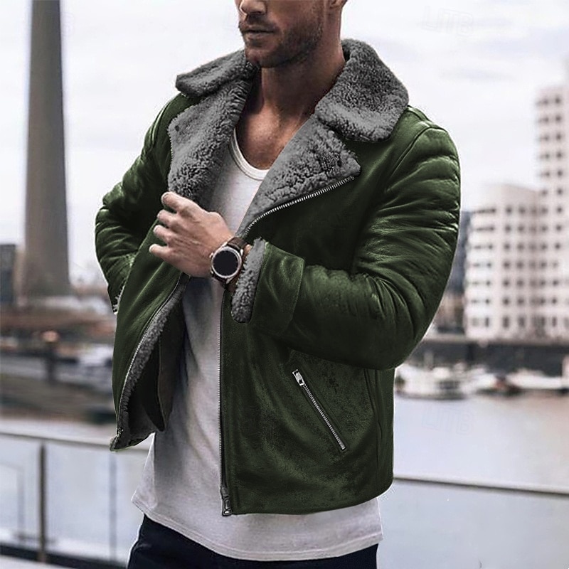 Men's Faux Leather Jacket Fleece Jacket Sherpa Jacket Daily Vacation Thermal Warm Pocket Fleece Fall & Winter Plain Fashion Streetwear Lapel Regular Black Brown Green Jacket3