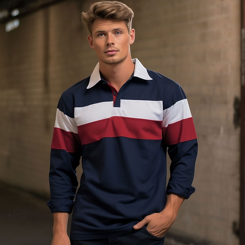 Men's Striped Rugby Polo Shirts Long Sleeve Polo Shirts Collar Casual Formal Outdoor Dailywear 3D Print Buttons Spring Fall Winter Ink Blue2