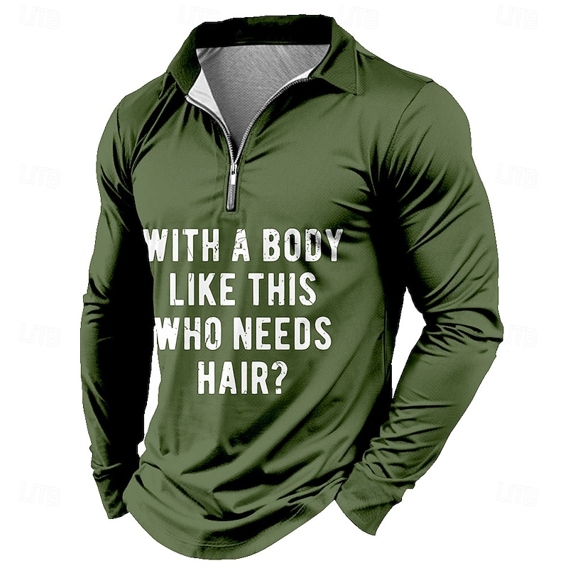 Men's Letter Printed Zip Polo Shirts Golf Shirt Long Sleeve Polo Shirts Collared Shirts Vintage Casual Outdoor Street Dailywear 3D Print Quarter Zip Polo Spring Fall & Winter Black Red Green