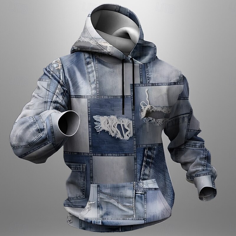 Men's Jeans Hoodies Sweatshirt Fashion Cool Long Sleeve Crew Neck Holiday Streetwear Blue Drawstring Fall Winter Designer