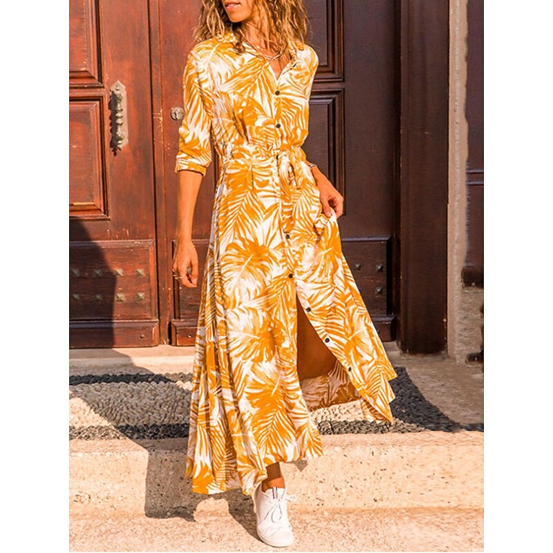 Women's Leaf Shirt Collar Maxi Dress 3/4 Length Sleeve Summer Spring