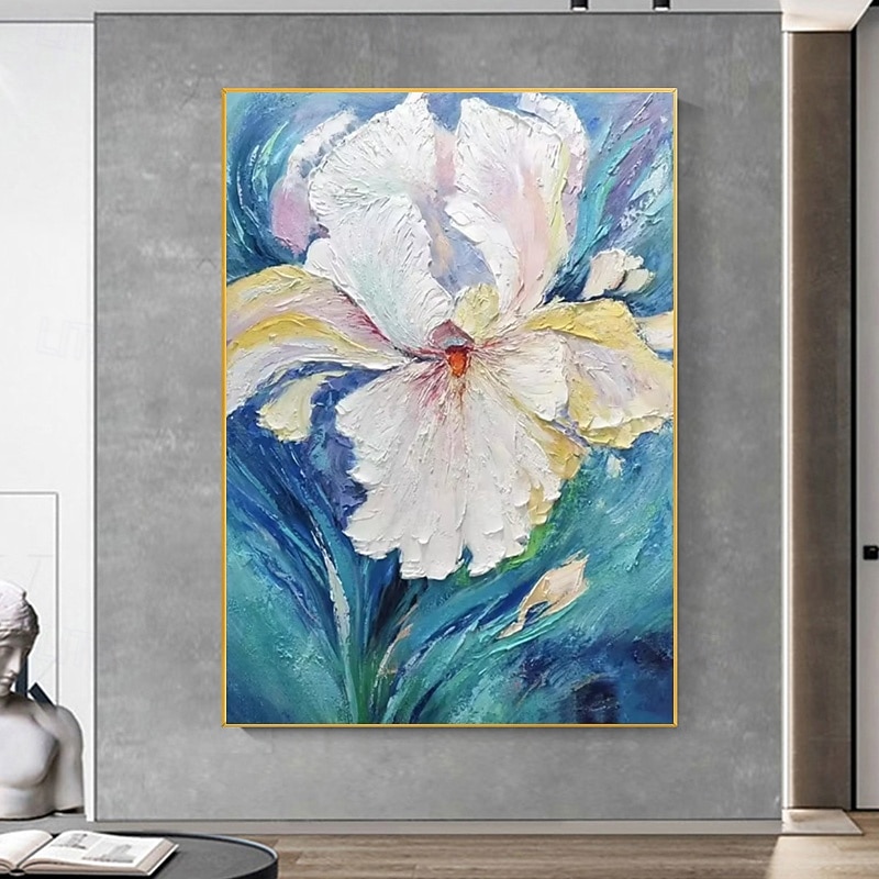 Handpaint Large Abstract Flower Painting On Canvas Blue Texture Painting Navy Pink Floral Painting Room Wall Art Home Decor For Living Room No Frame