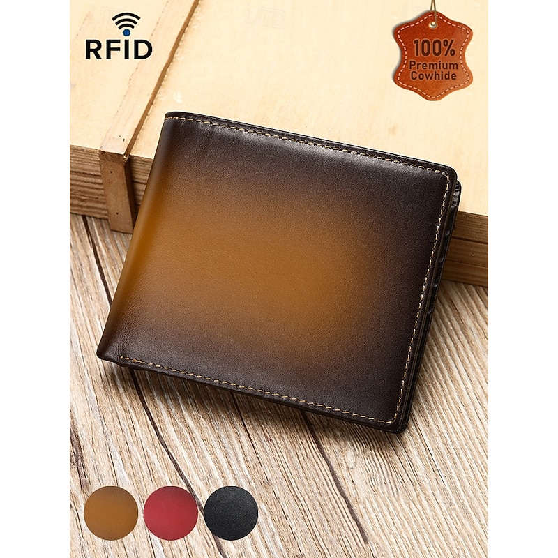 Men's RFID Blocking Genuine Leather Wallet – Slim Bifold Design with Gradient Finish,  Premium Cowhide, Available in Brown, Red, and Black2