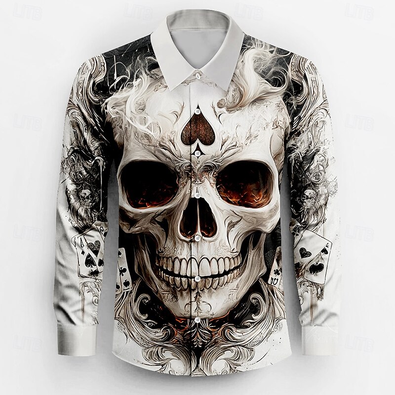 Men's Skulls Button Up Shirt Long Sleeve Fashion Casual Dark Party Evening Wear Street Daily Fall Winter Spring & Summer Shirt Collar Button Up 3D Print White